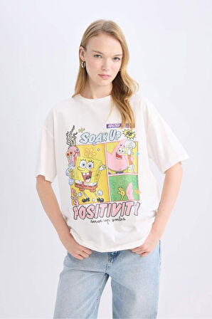 Coool SpongeBob Oversize Geniş Kalıp Bisiklet Yaka Baskılı Kısa Kollu Tişört