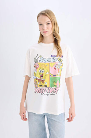 Coool SpongeBob Oversize Geniş Kalıp Bisiklet Yaka Baskılı Kısa Kollu Tişört