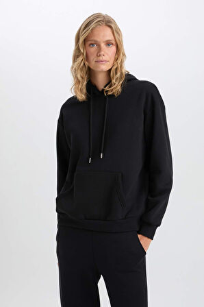 DeFacto Relax Fit Kapüşonlu Kanguru Cepli Kalın Basic Düz Siyah Sweatshirt W8071AZ24WNBK81