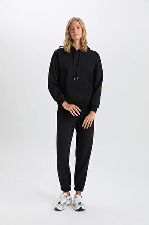 DeFacto Relax Fit Kapüşonlu Kanguru Cepli Kalın Basic Düz Siyah Sweatshirt W8071AZ24WNBK81