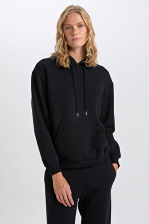 DeFacto Relax Fit Kapüşonlu Kanguru Cepli Kalın Basic Düz Siyah Sweatshirt W8071AZ24WNBK81