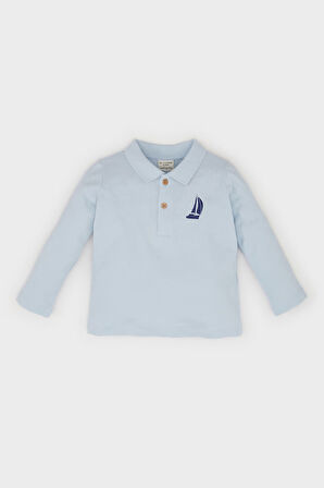 Erkek Bebek Polo Yaka Baskılı Pike Uzun Kollu Tişört