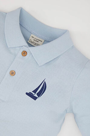 Erkek Bebek Polo Yaka Baskılı Pike Uzun Kollu Tişört