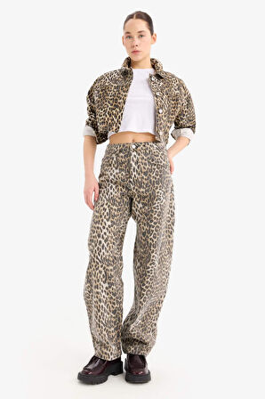 Oversize Geniş Kalıp Leopar Desenli Gabardin Uzun Kollu Gömlek Ceket