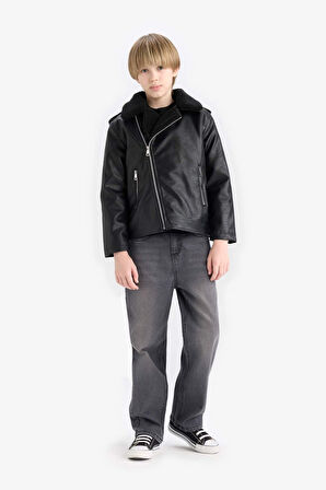 Erkek Çocuk Su İtici Fermuarlı Yaka Pelüş Astar Suni Deri Mont