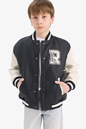 Erkek Çocuk Okul Su Geçirmez Kolej Yaka Fermuarlı Çift Cepli Mevsimlik Suni Deri Bomber Mont Ceket