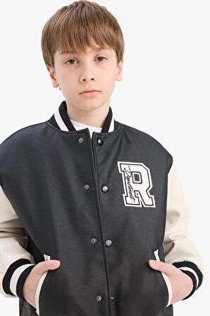 Erkek Çocuk Okul Su Geçirmez Kolej Yaka Fermuarlı Çift Cepli Mevsimlik Suni Deri Bomber Mont Ceket