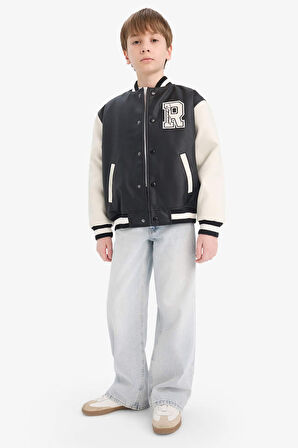 Erkek Çocuk Okul Su Geçirmez Kolej Yaka Fermuarlı Çift Cepli Mevsimlik Suni Deri Bomber Mont Ceket