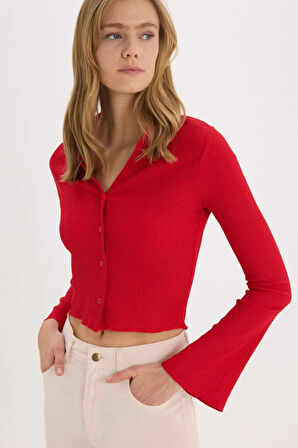 	Coool Fitted Basic Düz Düğmeli Uzun Kollu Crop Beyaz Gömlek