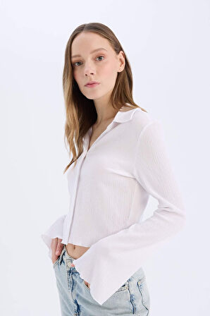 	Coool Fitted Basic Düz Düğmeli Uzun Kollu Crop Beyaz Gömlek