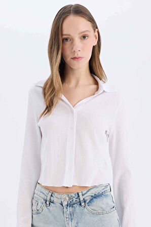	Coool Fitted Basic Düz Düğmeli Uzun Kollu Crop Beyaz Gömlek