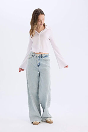 	Coool Fitted Basic Düz Düğmeli Uzun Kollu Crop Beyaz Gömlek
