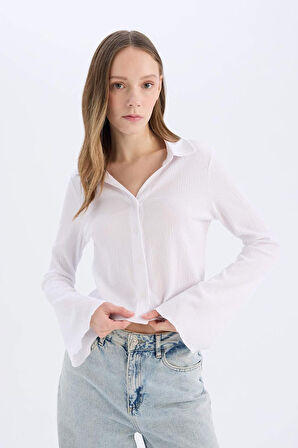 	Coool Fitted Basic Düz Düğmeli Uzun Kollu Crop Beyaz Gömlek