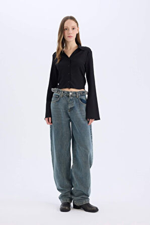 	Coool Fitted Basic Düz Düğmeli Uzun Kollu Crop Beyaz Gömlek