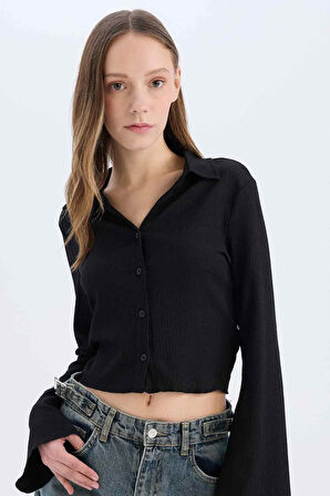 	Coool Fitted Basic Düz Düğmeli Uzun Kollu Crop Beyaz Gömlek