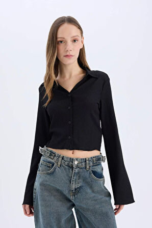 	Coool Fitted Basic Düz Düğmeli Uzun Kollu Crop Beyaz Gömlek