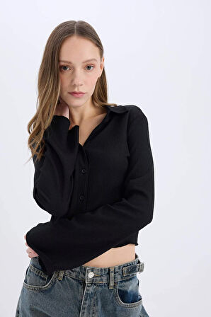 	Coool Fitted Basic Düz Düğmeli Uzun Kollu Crop Beyaz Gömlek