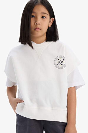 DeFacto Kız Çocuk Oversize Geniş Kalıp Bisiklet Yaka Kısa Kollu Baskılı Sweatshirt E1879A825SMER85