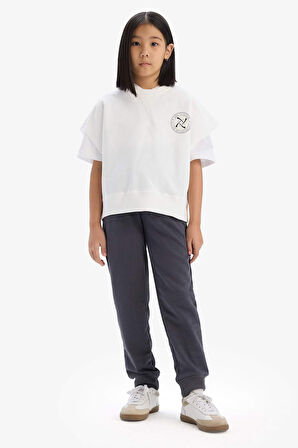 DeFacto Kız Çocuk Oversize Geniş Kalıp Bisiklet Yaka Kısa Kollu Baskılı Sweatshirt E1879A825SMER85