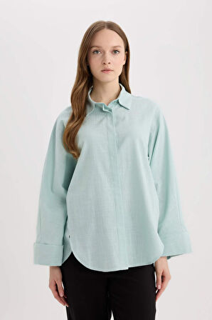 DeFacto Relax Fit Keten Karışımlı Uzun Kollu Tesettür Gömlek Tunik B9835AX25SPGN1113
