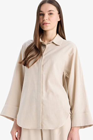 DeFacto Relax Fit Keten Karışımlı Uzun Kollu Tesettür Gömlek Tunik B9835AX25SPBG759