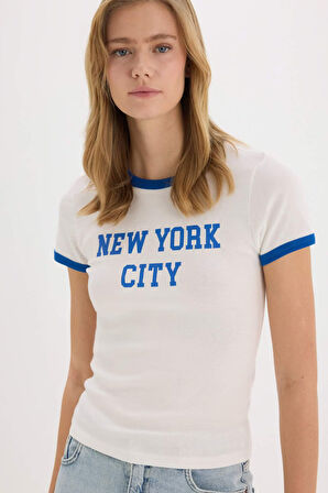 DeFacto Regular Fit Bisiklet Yaka Baskılı Ribana Kısa Kollu Tişört E7010AX25SPWT32