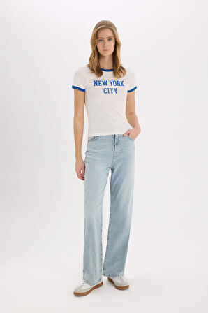 DeFacto Regular Fit Bisiklet Yaka Baskılı Ribana Kısa Kollu Tişört E7010AX25SPWT32