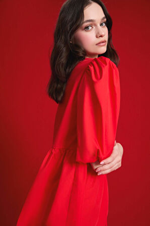 DeFacto A Kesim Bisiklet Yaka Bağcıklı Poplin Kısa Kollu Midi Abiye Elbise E7332AX25SPRD59