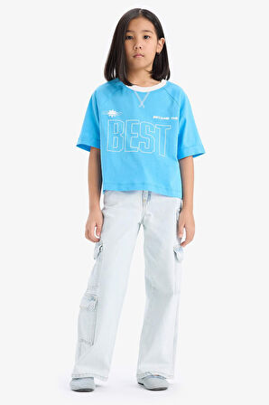 DeFacto Kız Çocuk Boxy Fit Bisiklet Yaka Baskılı Kısa Kollu Tişört E1896A825SMBE335