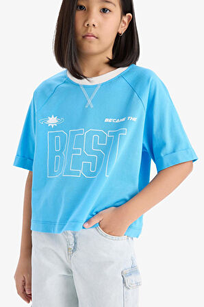 DeFacto Kız Çocuk Boxy Fit Bisiklet Yaka Baskılı Kısa Kollu Tişört E1896A825SMBE335