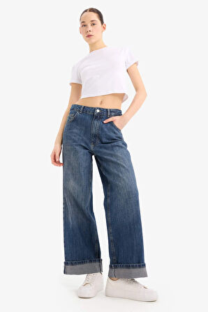 Baggy Fit Yüksek Bel Katlamalı Paça Uzun Jean Yıkamalı Pantolon