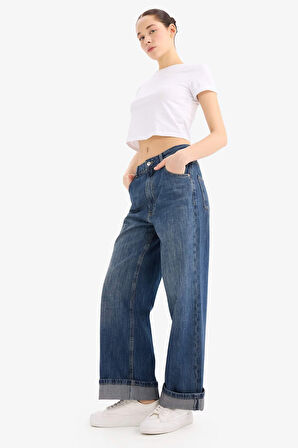 Baggy Fit Yüksek Bel Katlamalı Paça Uzun Jean Yıkamalı Pantolon