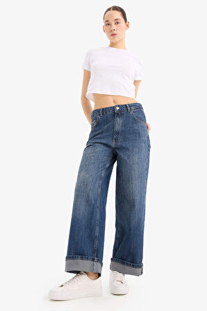 DeFacto Baggy Fit Yüksek Bel Katlamalı Paça Uzun Jean Yıkamalı Pantolon E3179AX25SPNM34