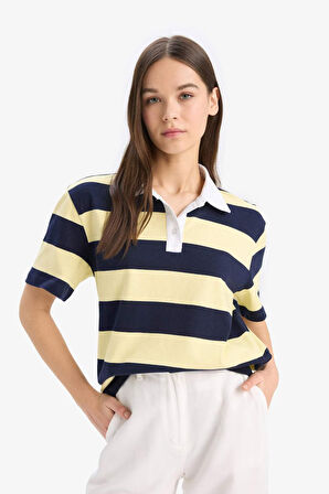 DeFacto Loose Fit Polo Yaka Çizgili Kısa Kollu Tişört E6602AX25SPNV241
