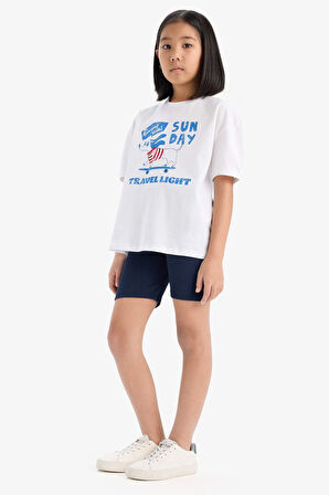 Kız Çocuk Pamuklu 2'li Takım Baskılı Kısa Kollu Tişört Biker Tayt