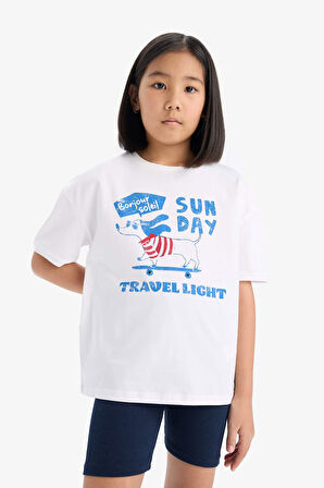 Kız Çocuk Pamuklu 2'li Takım Baskılı Kısa Kollu Tişört Biker Tayt