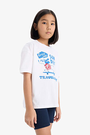 Kız Çocuk Pamuklu 2'li Takım Baskılı Kısa Kollu Tişört Biker Tayt