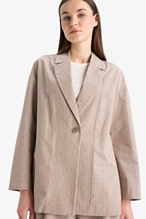 Relax Fit Ceket Yaka Çizgi Desenli Keten Blazer Ceket