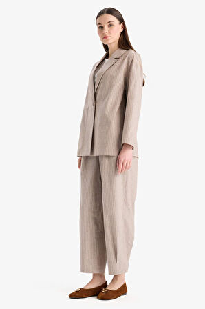 Relax Fit Ceket Yaka Çizgi Desenli Keten Blazer Ceket