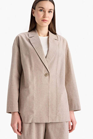 Relax Fit Ceket Yaka Çizgi Desenli Keten Blazer Ceket