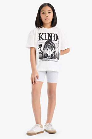 DeFacto Kız Çocuk Pamuklu 2'li Takım Baskılı Kısa Kollu Tişört Biker Tayt E7317A825HSER105