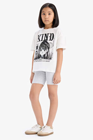 DeFacto Kız Çocuk Pamuklu 2'li Takım Baskılı Kısa Kollu Tişört Biker Tayt E7317A825HSER105