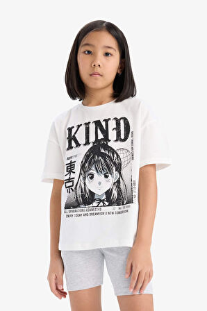 DeFacto Kız Çocuk Pamuklu 2'li Takım Baskılı Kısa Kollu Tişört Biker Tayt E7317A825HSER105