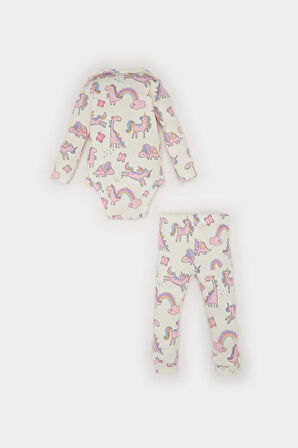 DeFacto Kız Bebek 2'li Takım Desenli Fitilli Kaşkorse Uzun Kollu Çıtçıtlı Body Uzun Alt E6308A525SPWT47