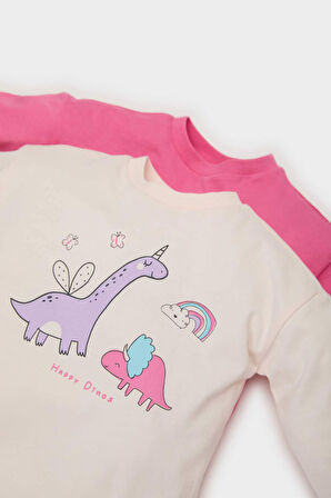 DeFacto Kız Bebek Yenidoğan Bisiklet Yaka Dinazor Baskılı Penye 2'li Uzun Kollu Tişört E6362A525SPPN324