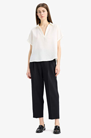 Comfort Fit Gömlek Yaka Basic Düz Kısa Kollu Bluz