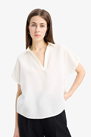 Comfort Fit Gömlek Yaka Basic Düz Kısa Kollu Bluz