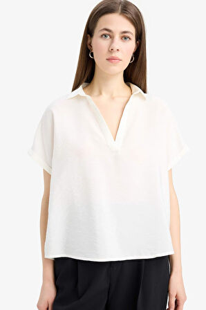 Comfort Fit Gömlek Yaka Basic Düz Kısa Kollu Bluz