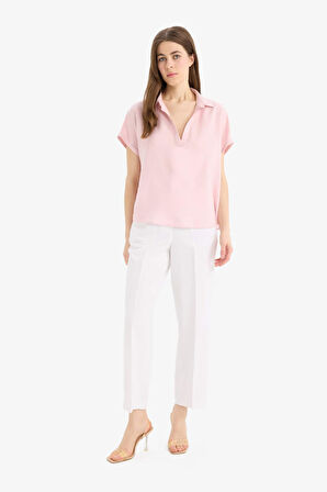 Comfort Fit Gömlek Yaka Basic Düz Kısa Kollu Bluz