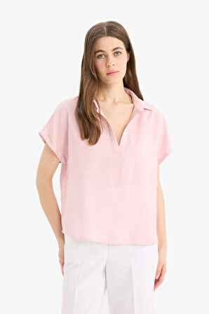 Comfort Fit Gömlek Yaka Basic Düz Kısa Kollu Bluz